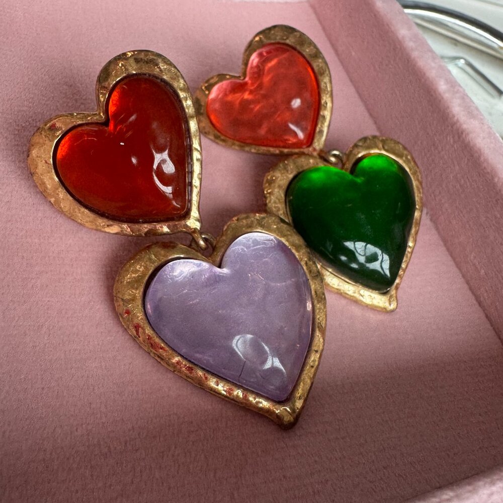 Vintage Stunner Heart Multicolor Gold Mismatch Dangle Earrings
